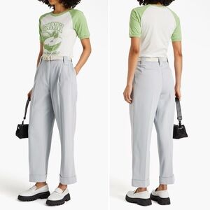 GANNI Pleated High Rise Tapered Light Grey Twill Belt Loop Pants 42/US Large